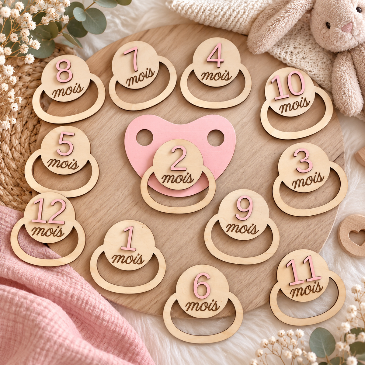 Lot de 12 cartes étapes bébé en bois – Tétines “Mois” – Souvenir naissance