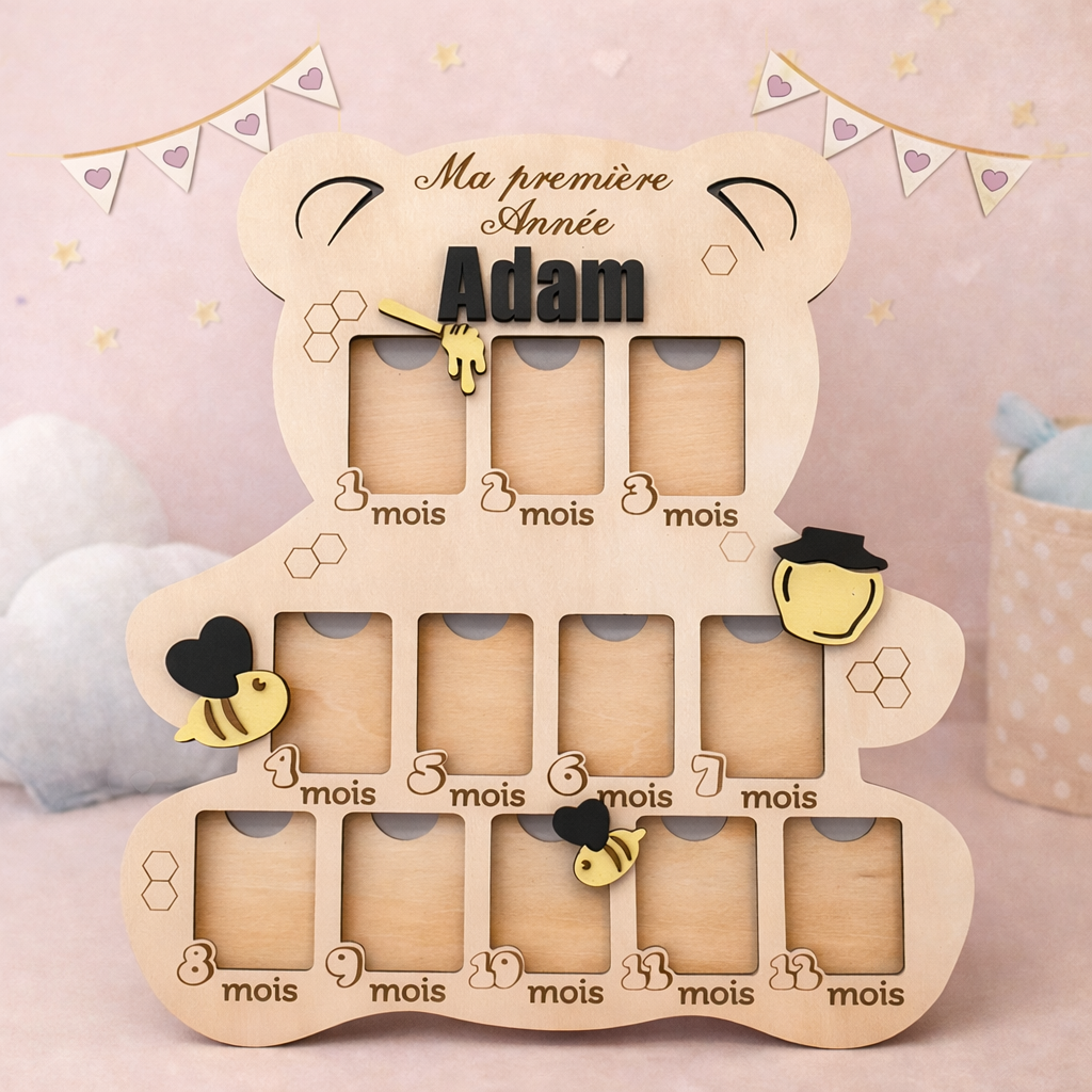 Cadre Photo Ma Première Année Bébé – Ours Personnalisé en Bois