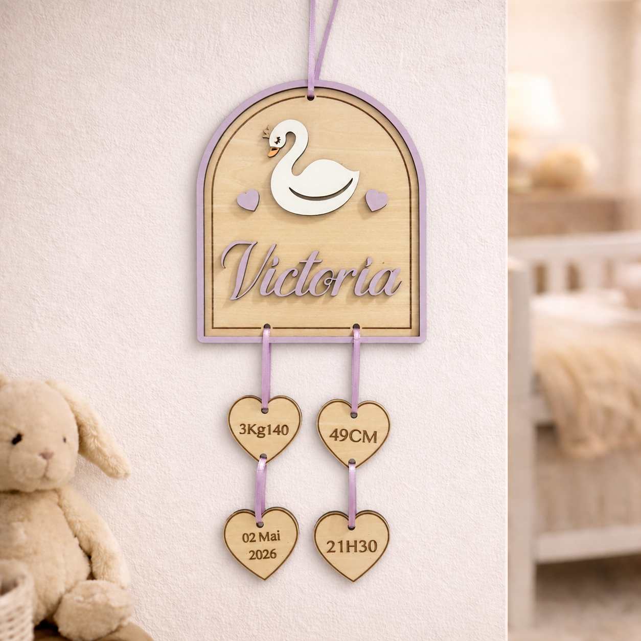 Décoration Murale de Naissance Personnalisée en Bois – Cygnes