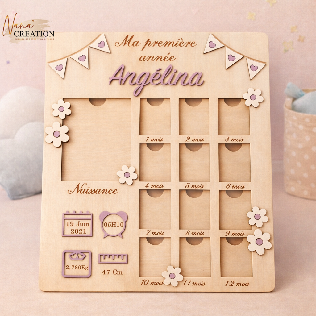 Cadre Photo Ma Première Année Bébé – Fleurs personnalisé en bois