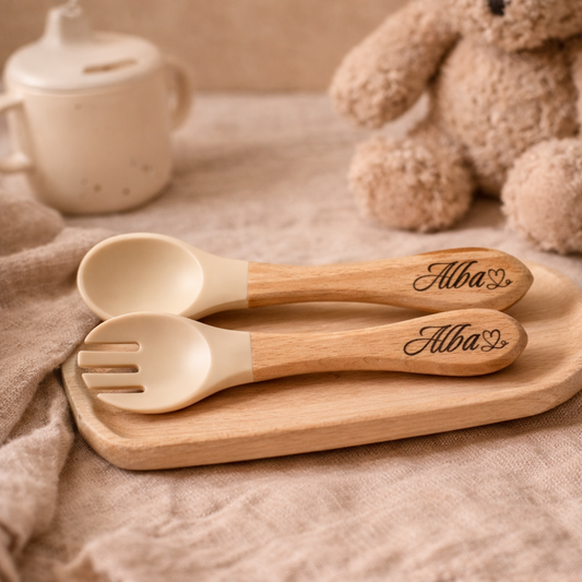 Couverts enfant personnalisés en silicone & bois gravé