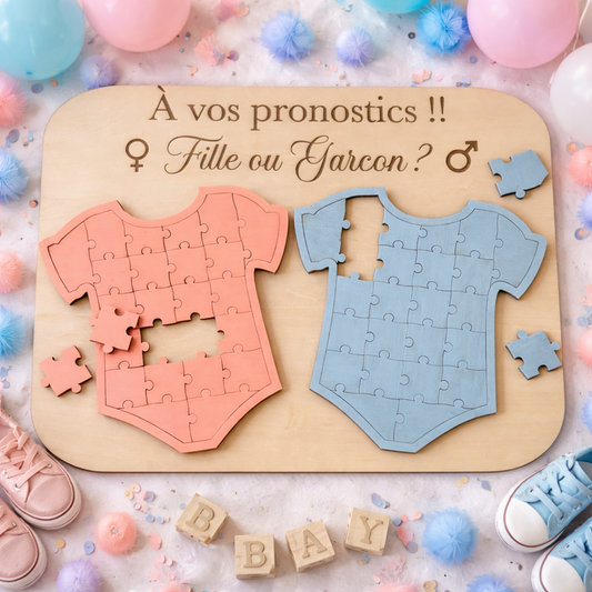 Puzzle Gender Reveal en Bois Personnalisable – Jeu Pronostics Fille ou Garçon – Décoration Baby Shower