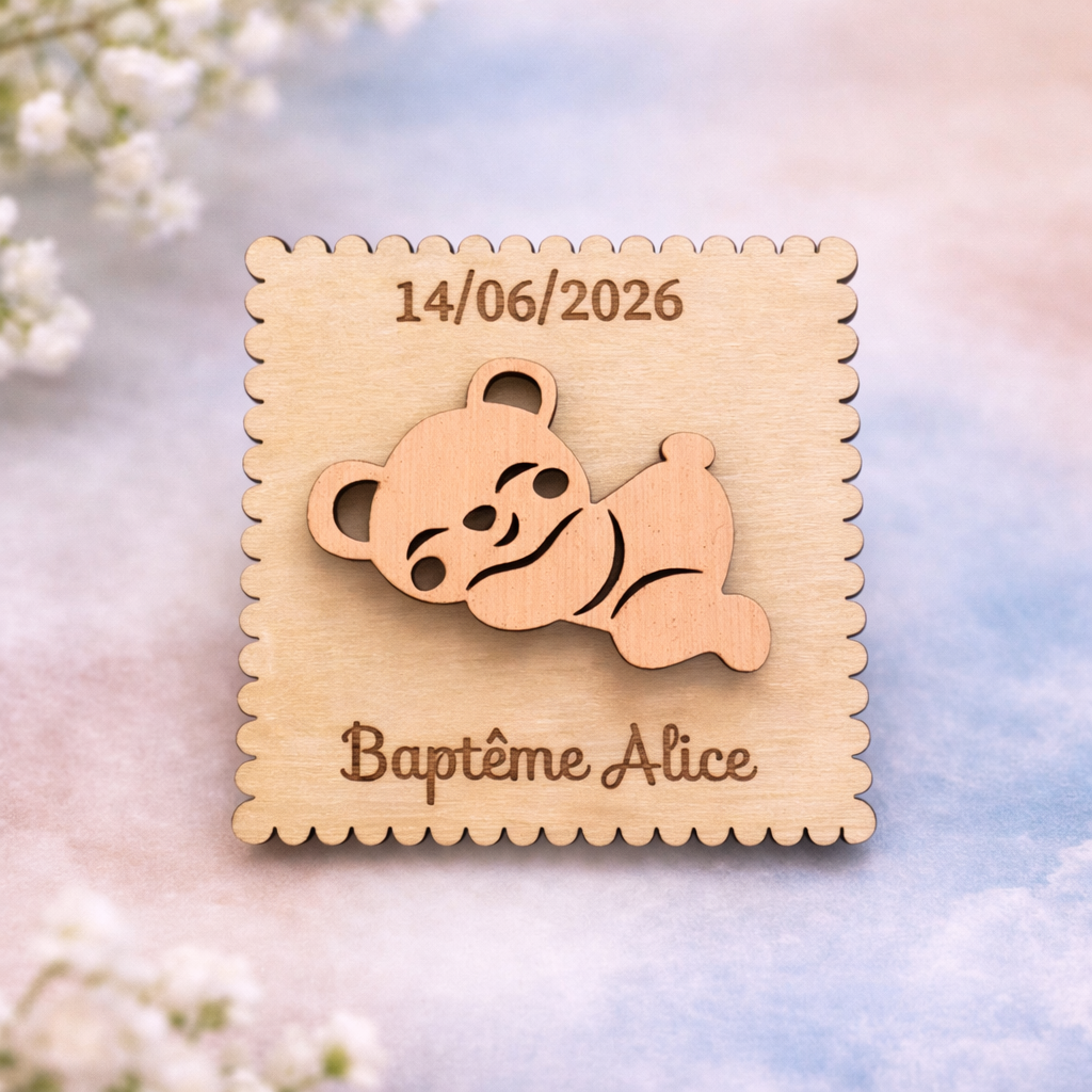 Magnet Baptême en Bois Personnalisé 6x6 cm – Cadeau Invité Ourson – Souvenir Baptême