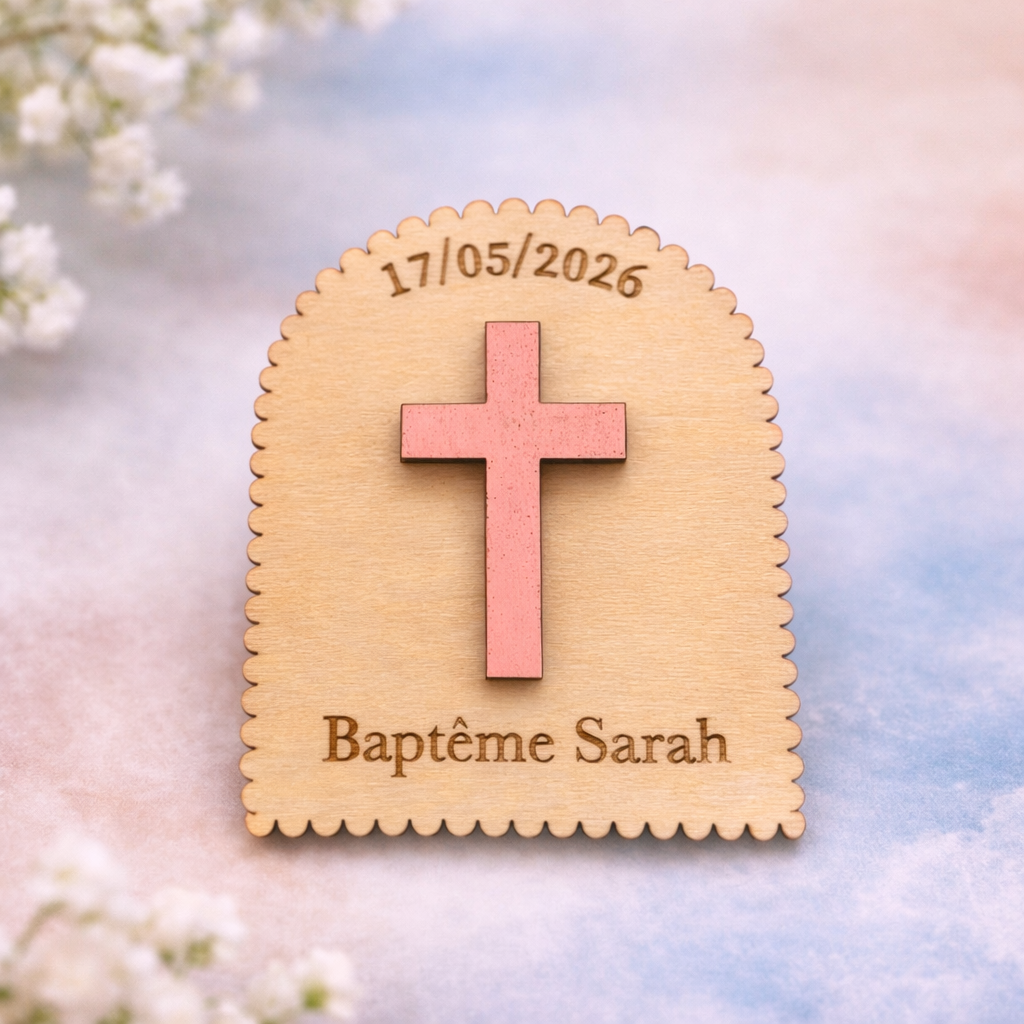 Magnet Baptême Croix en Bois Personnalisé 6x7 cm – Cadeau Invité Baptême – Souvenir Baptême Personnalisé