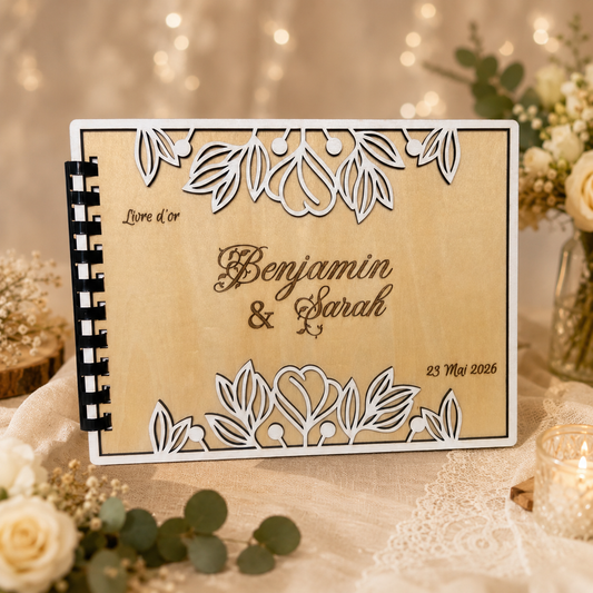 Livre d’or de mariage en bois personnalisé – floral