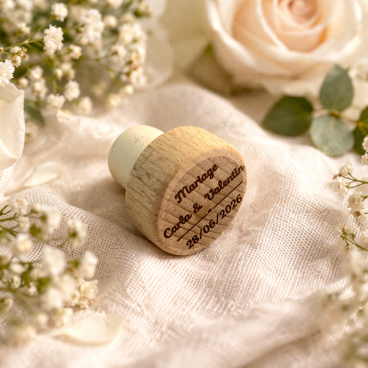 Bouchon de bouteille personnalisé gravé – Cadeau mariage original – Prénom & date – Cadeau invités / témoin / souvenir mariage