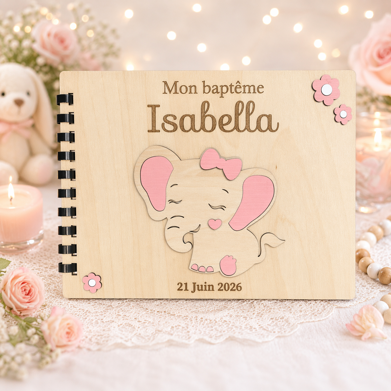Livre d’or de baptême en bois personnalisé – Élégant éléphant rose