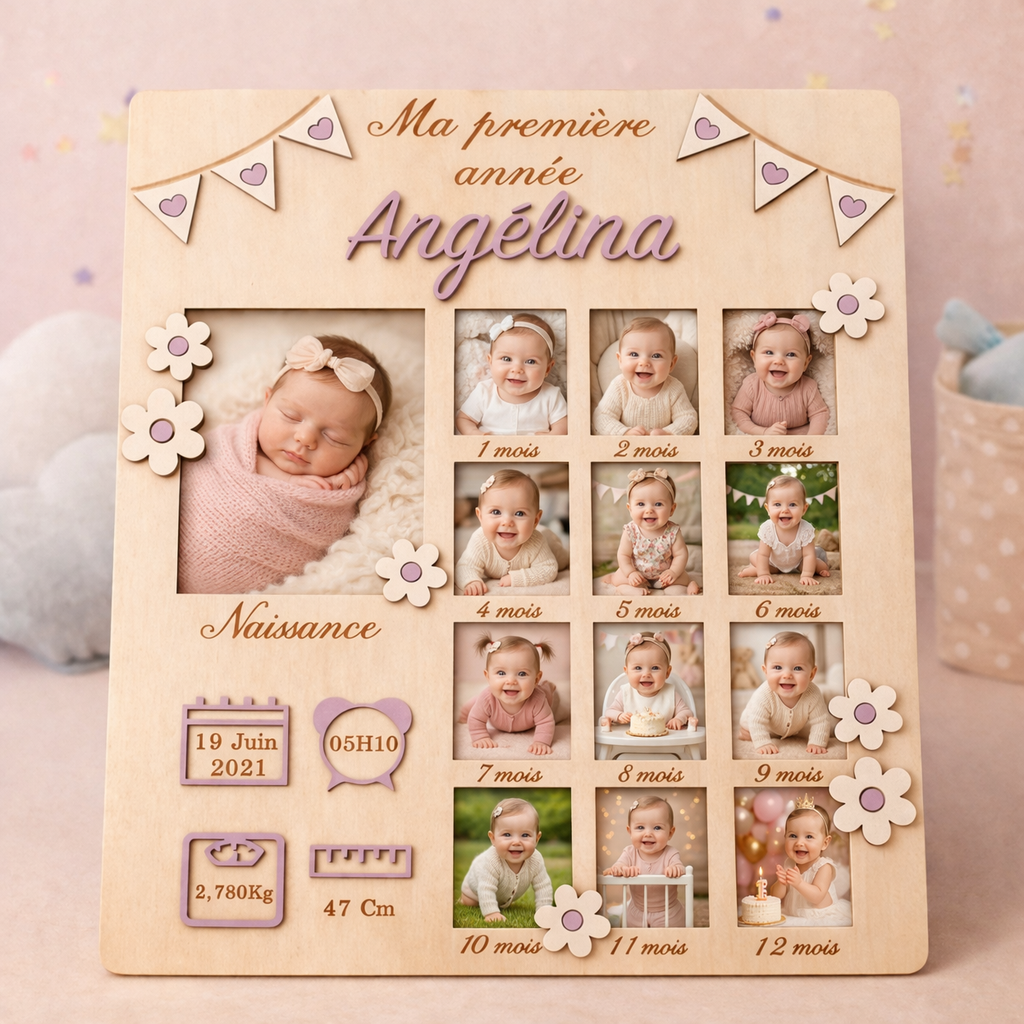Cadre Photo Ma Première Année Bébé – Fleurs personnalisé en bois