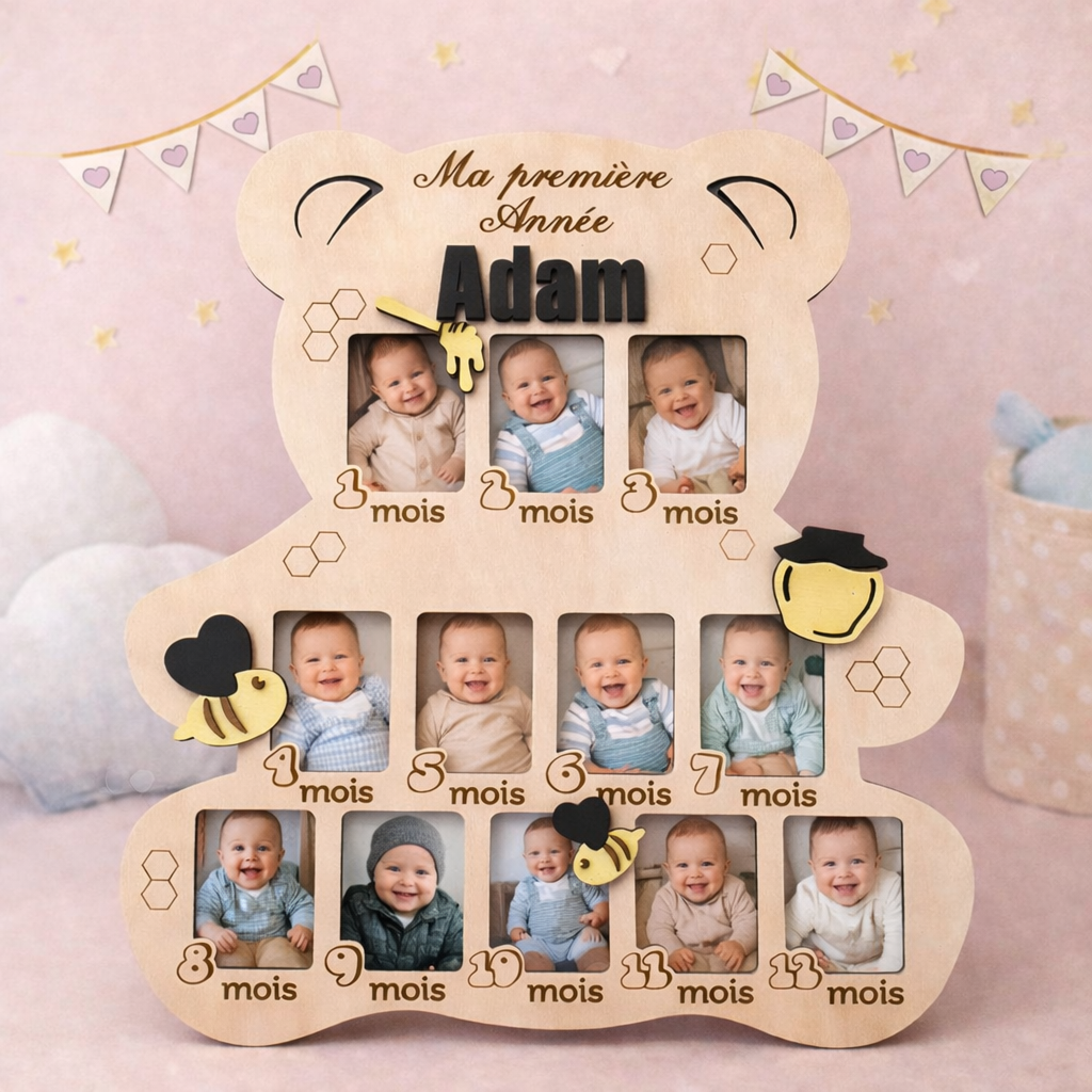 Cadre Photo Ma Première Année Bébé – Ours Personnalisé en Bois