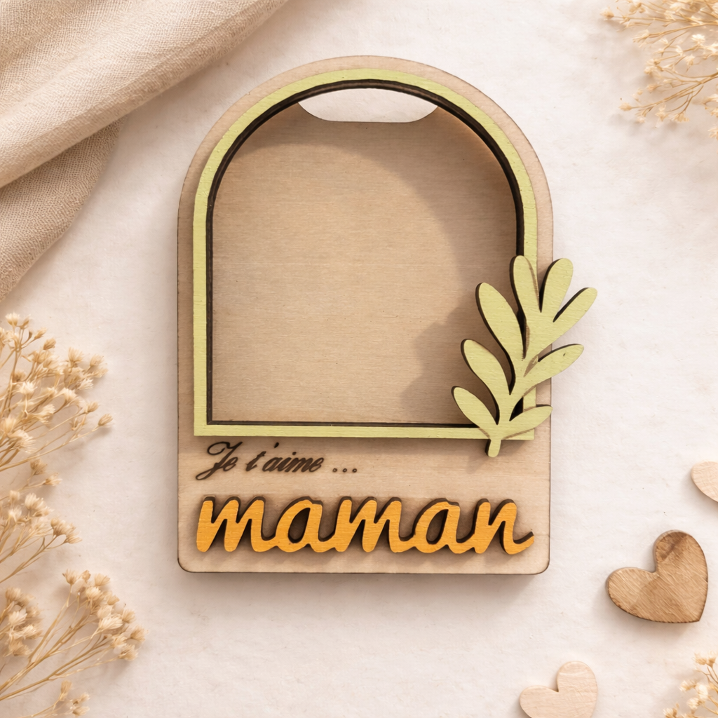 Magnet Fête des Mères Personnalisé – Cadre Photo "Je t'aime Maman" en Bois