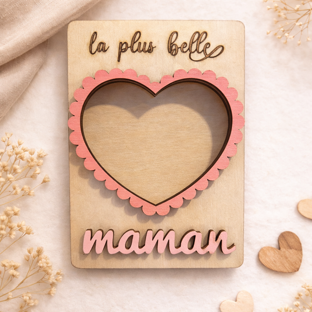 Magnet Fête des Mères Personnalisé – Cadre Photo Cœur en Bois