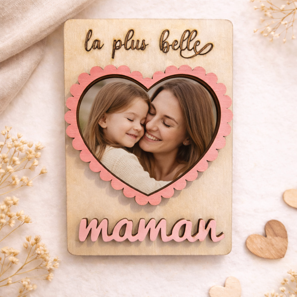 Magnet Fête des Mères Personnalisé – Cadre Photo Cœur en Bois