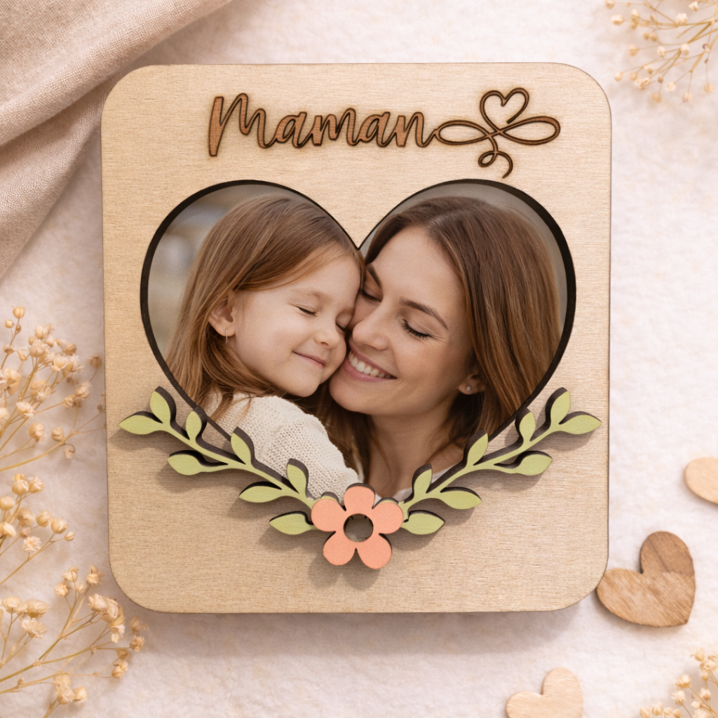 Magnet Fête des Mères Personnalisé 10 cm – Cadre Photo Cœur "Maman"