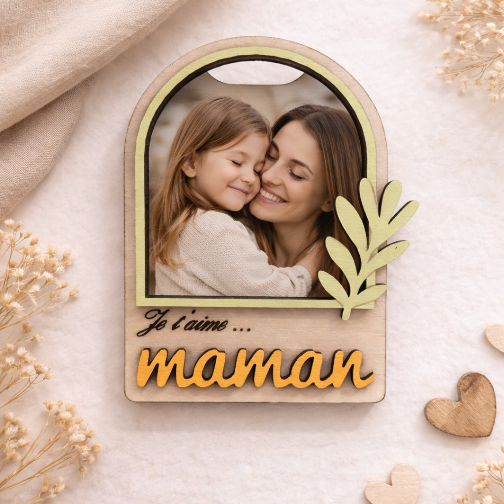 Magnet Fête des Mères Personnalisé – Cadre Photo "Je t'aime Maman" en Bois