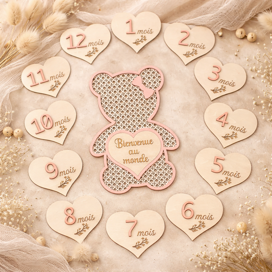 Cartes Étapes Bébé en Bois – Kit 12 Mois + Plaque Naissance Ours