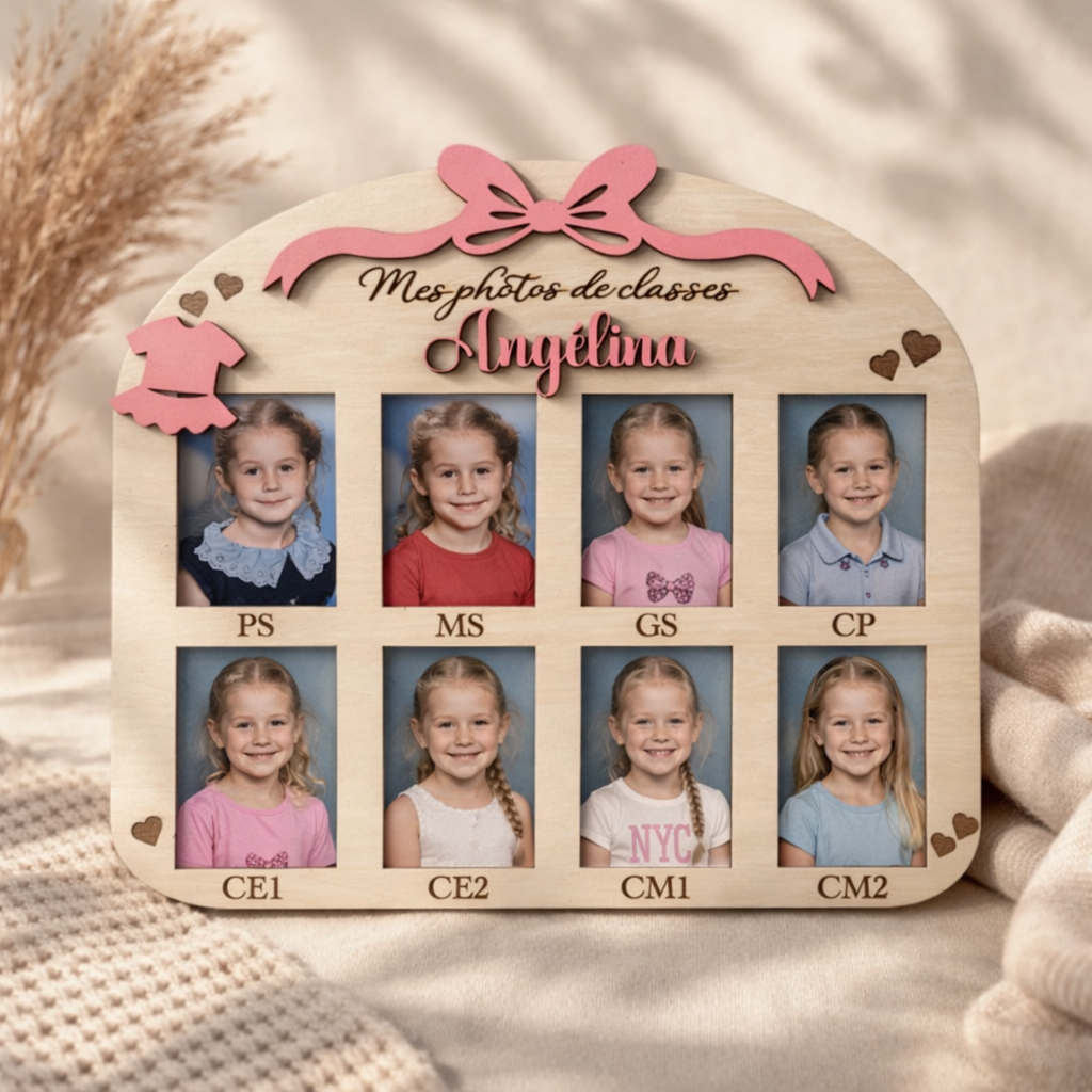 Cadre Photos de Classe Personnalisé en Bois  – De PS à CM2 – Souvenir Scolaire Enfant  (Noeud)