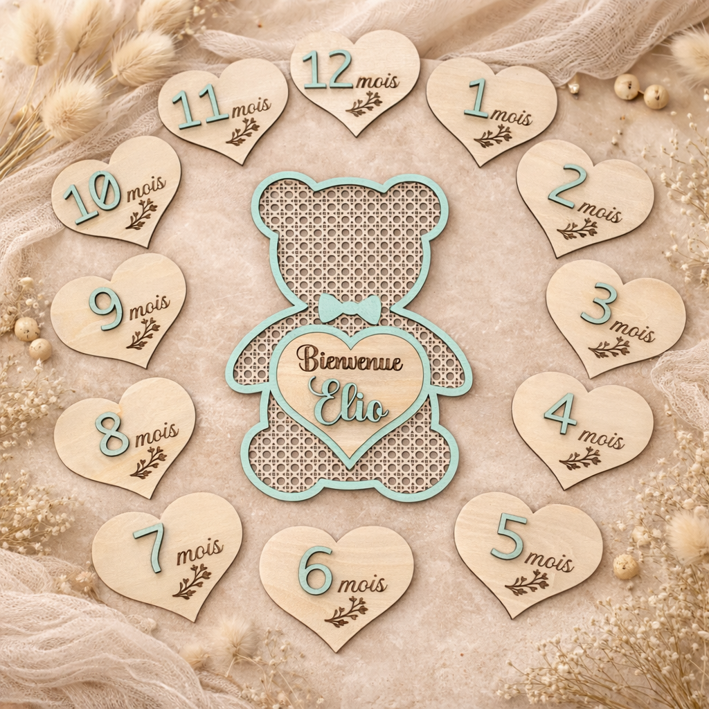 Cartes Étapes Bébé en Bois – Kit 12 Mois + Plaque Naissance Ours