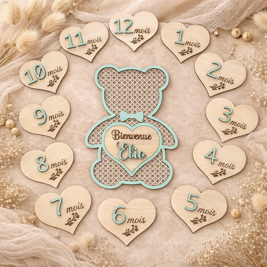 Cartes Étapes Bébé en Bois – Kit 12 Mois + Plaque Naissance Ours