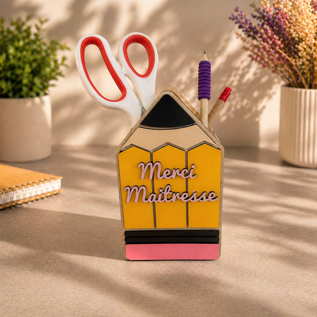 Pot à crayons en bois “Merci Maîtresse” – Cadeau personnalisé de fin d’année scolaire