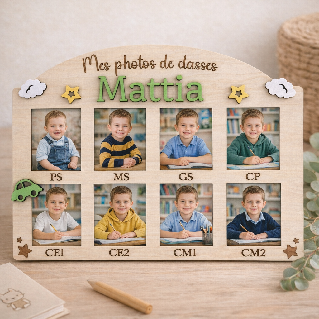 Cadre Photos de Classes Personnalisé en Bois – Souvenir Scolaire Enfant (voiture)
