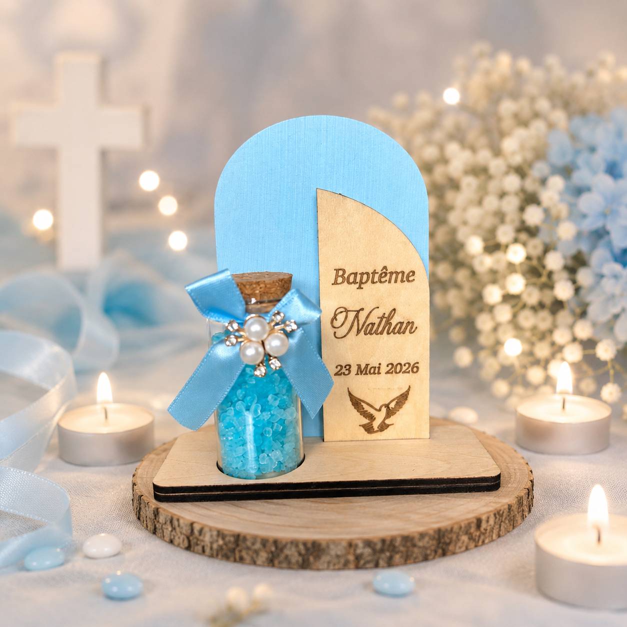 Cadeau Invité Baptême Personnalisé en Bois – Fiole de Sel Décoratif Bleu avec Prénom et Date