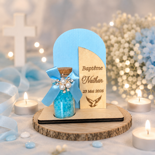 Cadeau Invité Baptême Personnalisé en Bois – Fiole de Sel Décoratif Bleu avec Prénom et Date