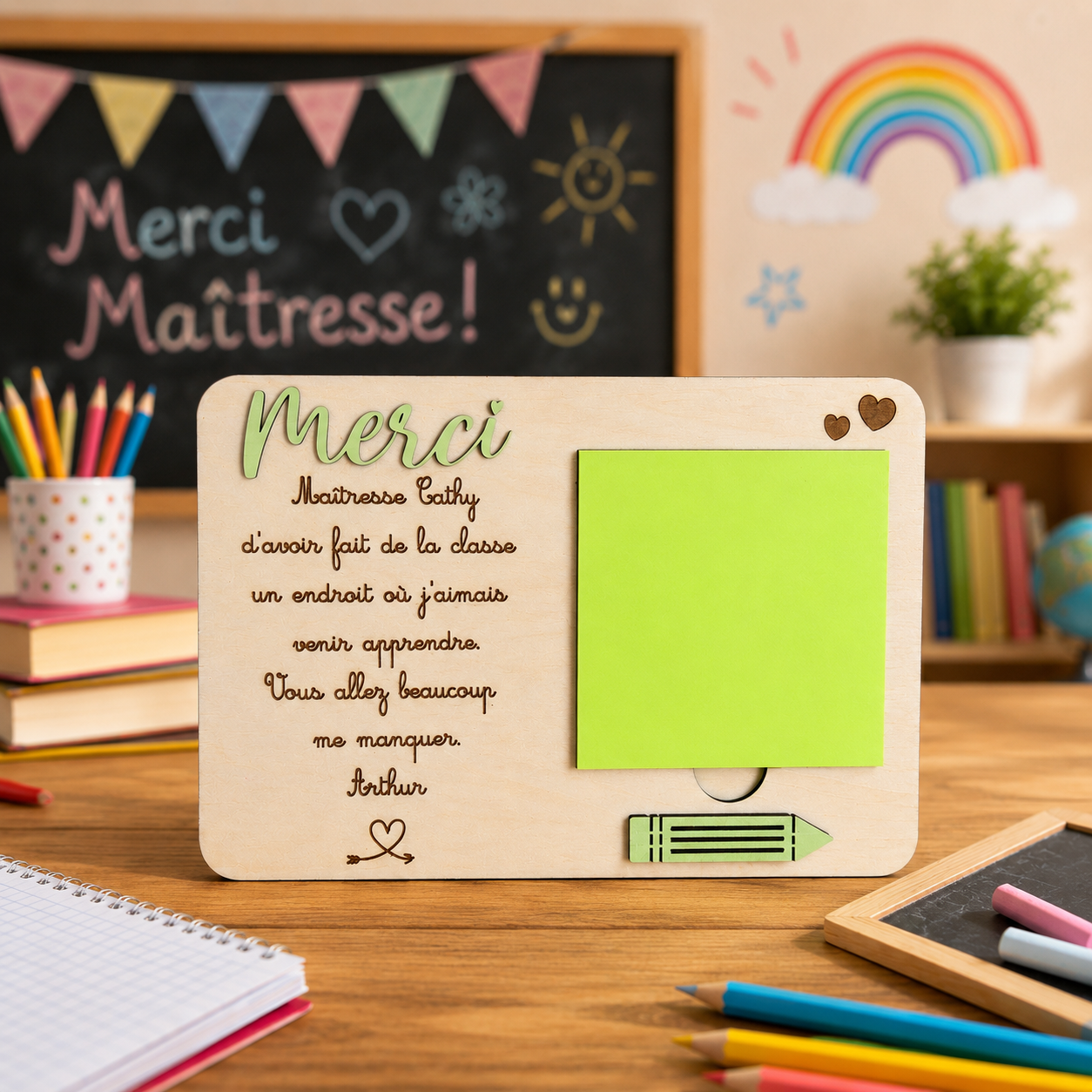 Bloc-notes personnalisé Merci Maîtresse – Cadeau fin d'année scolaire en bois gravé