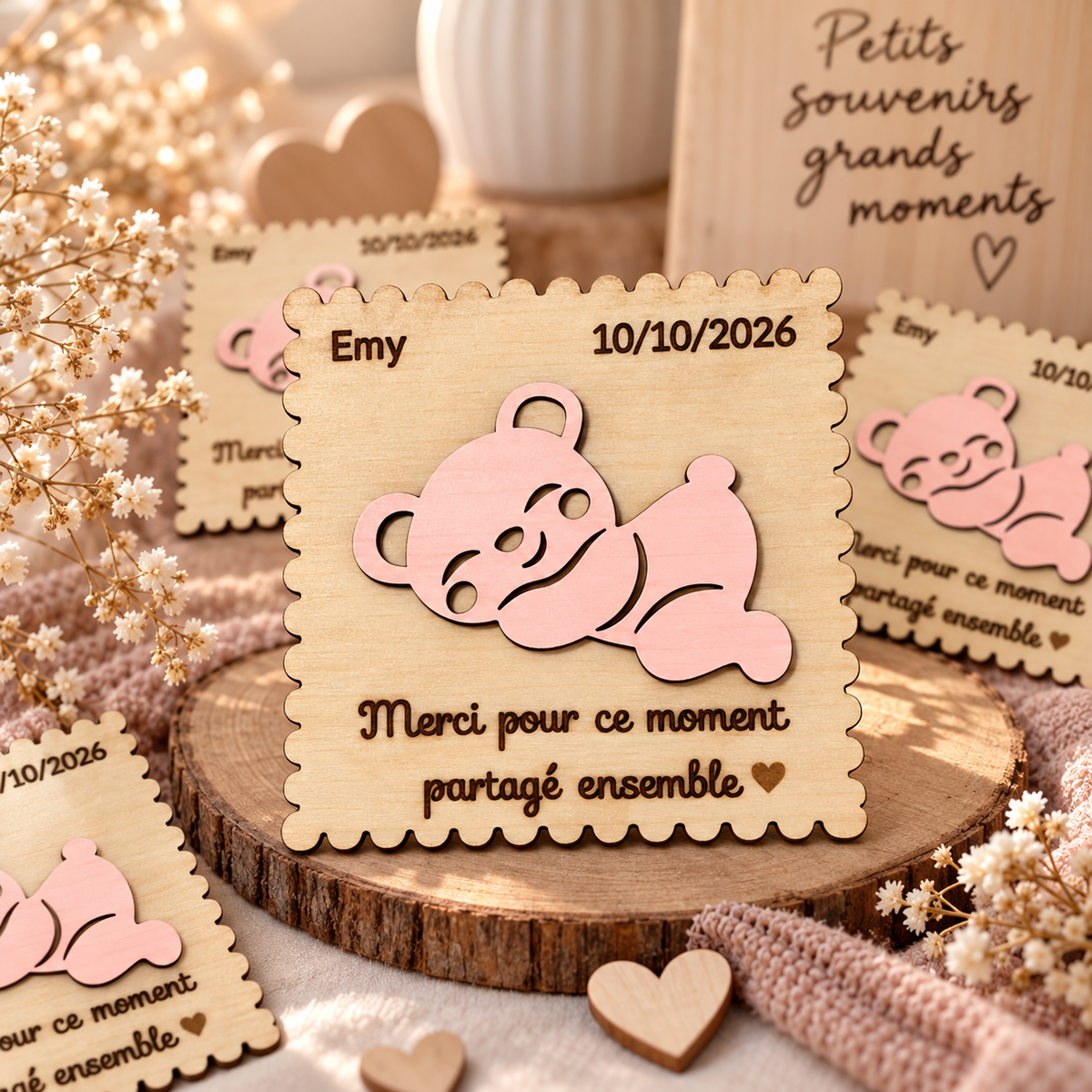 Magnet Baptême en Bois Personnalisé 6x6 cm – Cadeau Invité Ourson – Souvenir Baptême