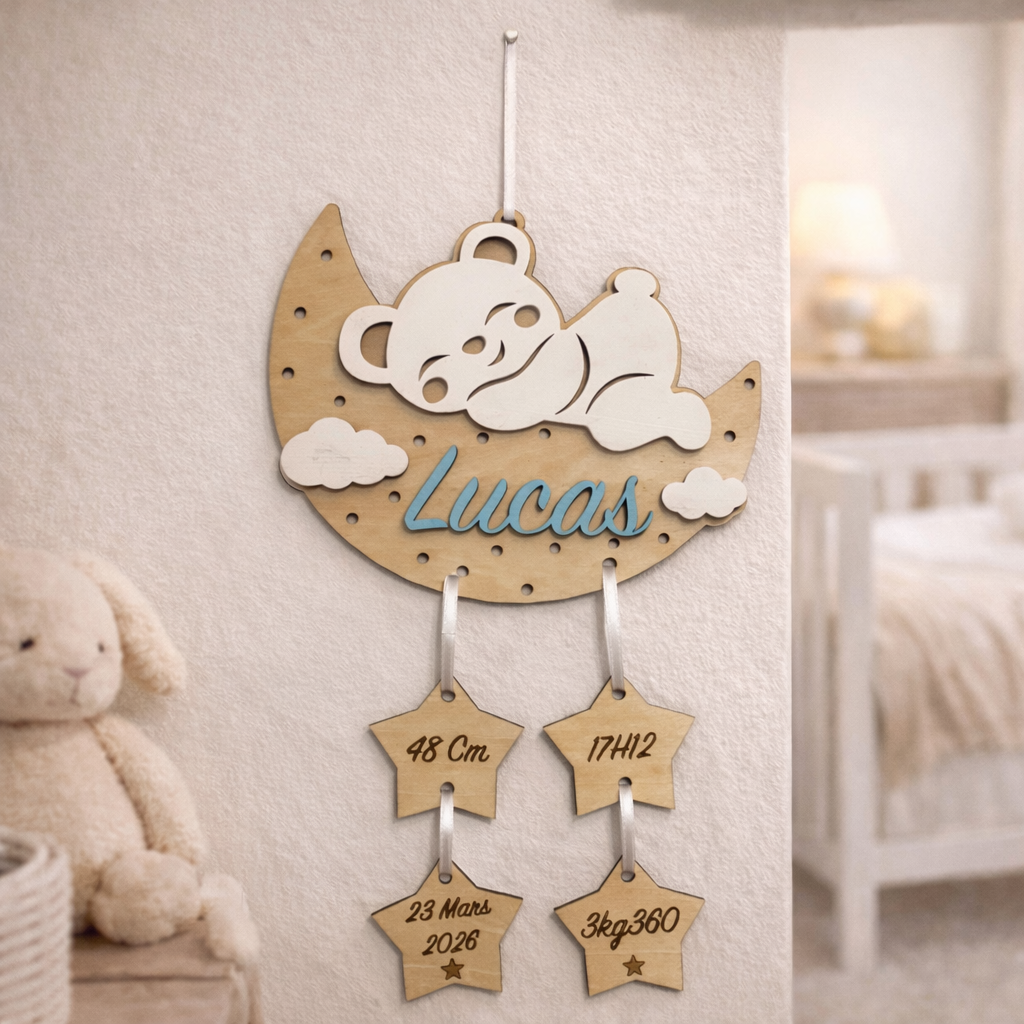 Décoration Murale de Naissance Personnalisée en Bois – Ourson lune