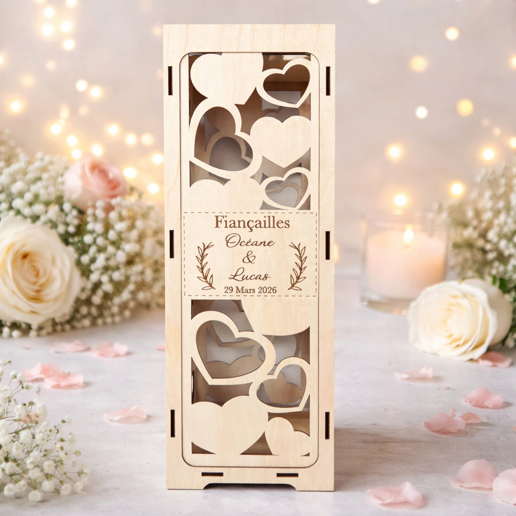 Boîte à Bouteille Personnalisée Fiançailles – Coffret Bois Gravé Cœurs