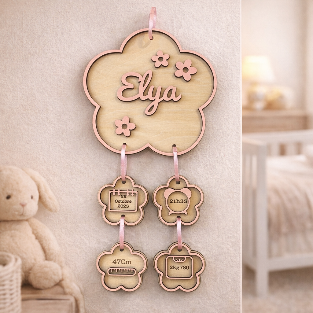 Plaque de naissance personnalisée en bois – Décoration murale bébé fleur