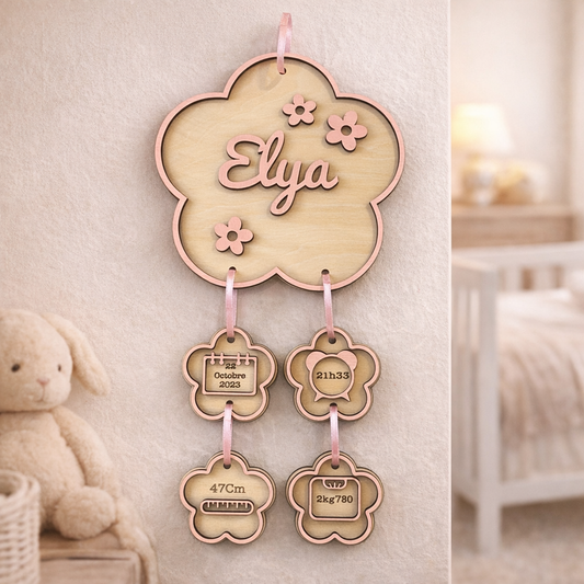 Plaque de naissance personnalisée en bois – Décoration murale bébé fleur