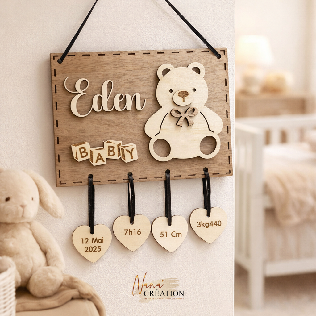 Décoration Murale de Naissance Personnalisée en Bois – Ourson