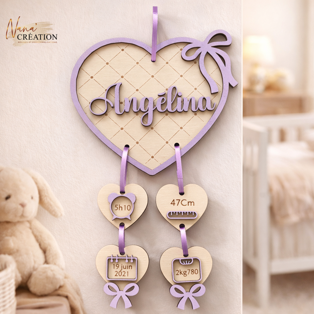 Décoration Murale de Naissance Personnalisée en Bois – Coeur