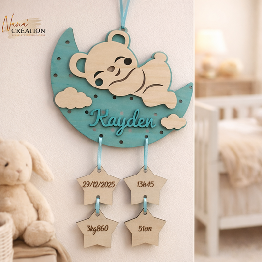 Décoration Murale de Naissance Personnalisée en Bois – Ourson lune