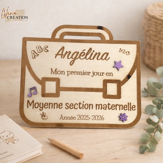 Plaque Premier Jour d'École Personnalisée en bois – cartable